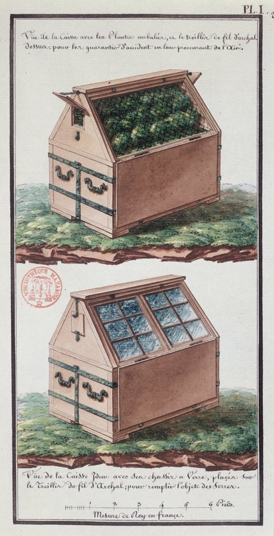 Illustratie van een Ladekast voor het Transporteren van Planten, uit het Notitieboek van de Kunstenaar gemaakt tijdens de Expeditie van Jean-Francois Gallup de la Perouse (1741-88) door Gaspard Duche de Vancy